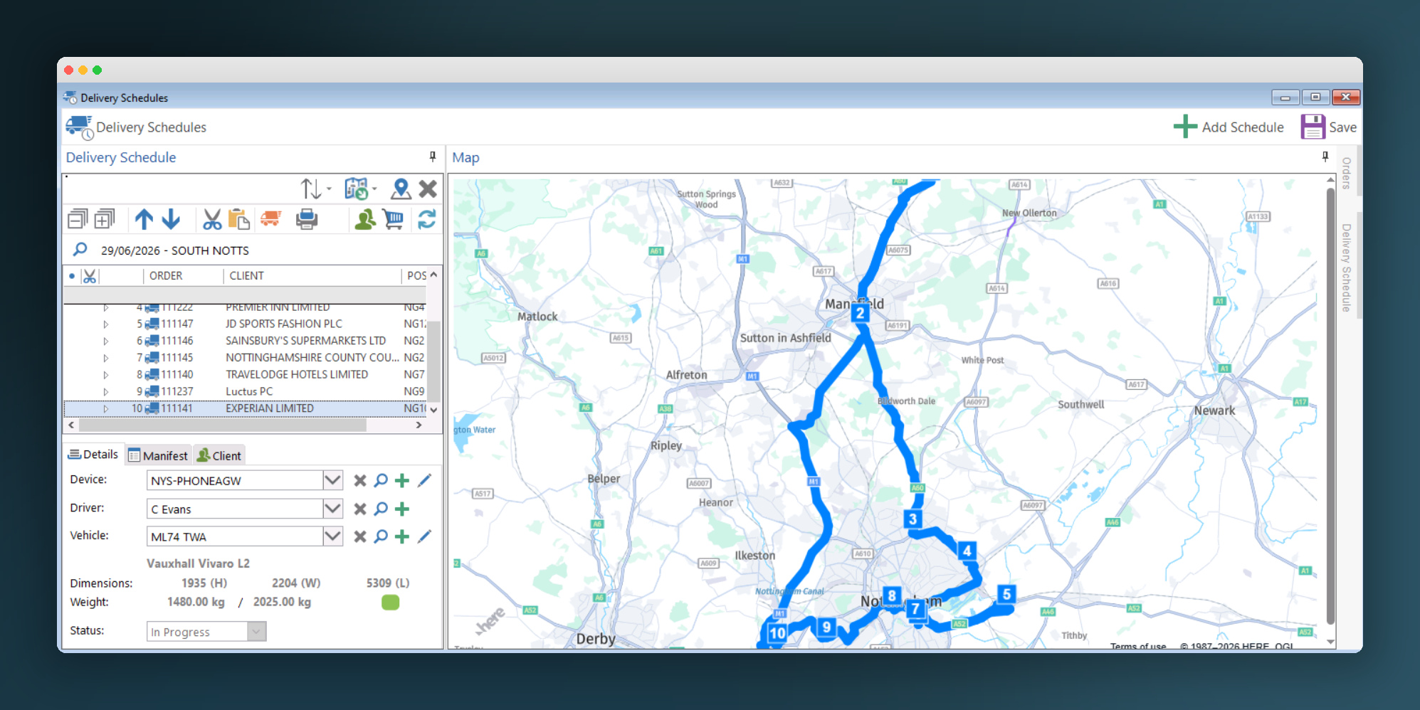 ProWat route optimisation dashboard with map and driver list