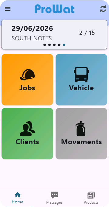 ProWat mobile app home menu