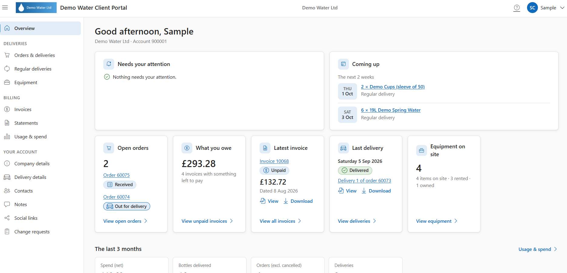 Client Portal overview showing deliveries, billing and account at a glance