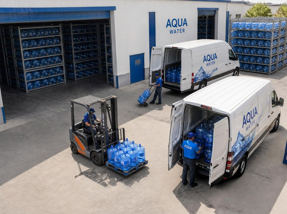 ProWat warehouse yard with bottled water stock, delivery vans and a forklift
