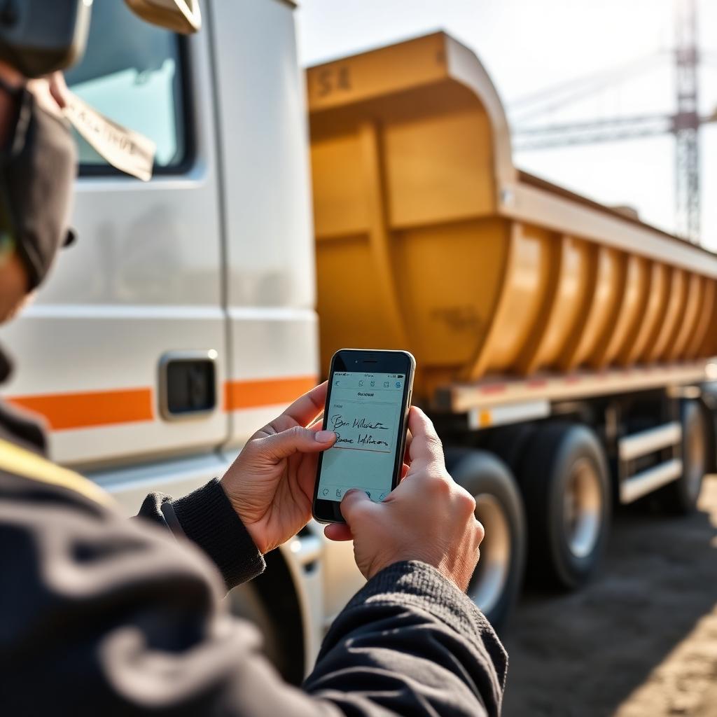 Haulage driver capturing proof of delivery on a smartphone beside a tipper truck