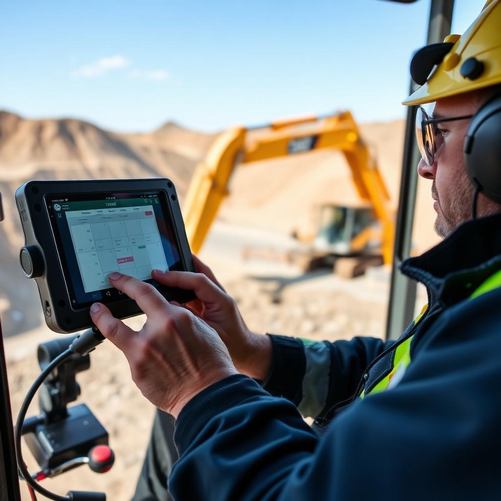Excavator operator using the Toarando quarry & plant app on a tablet